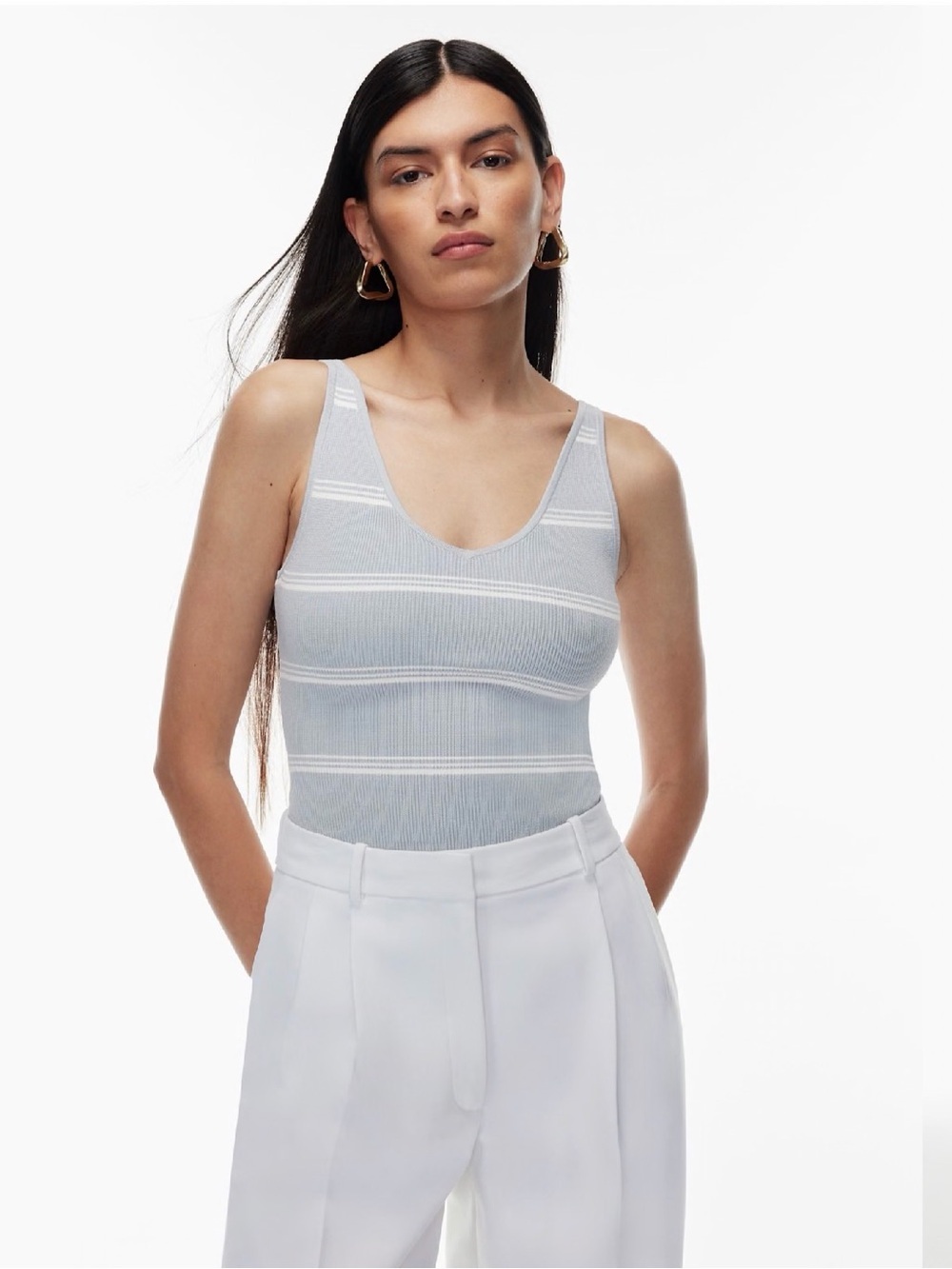Babaton Double V-neck Light Blue & White Striped Ribbed Tank, M